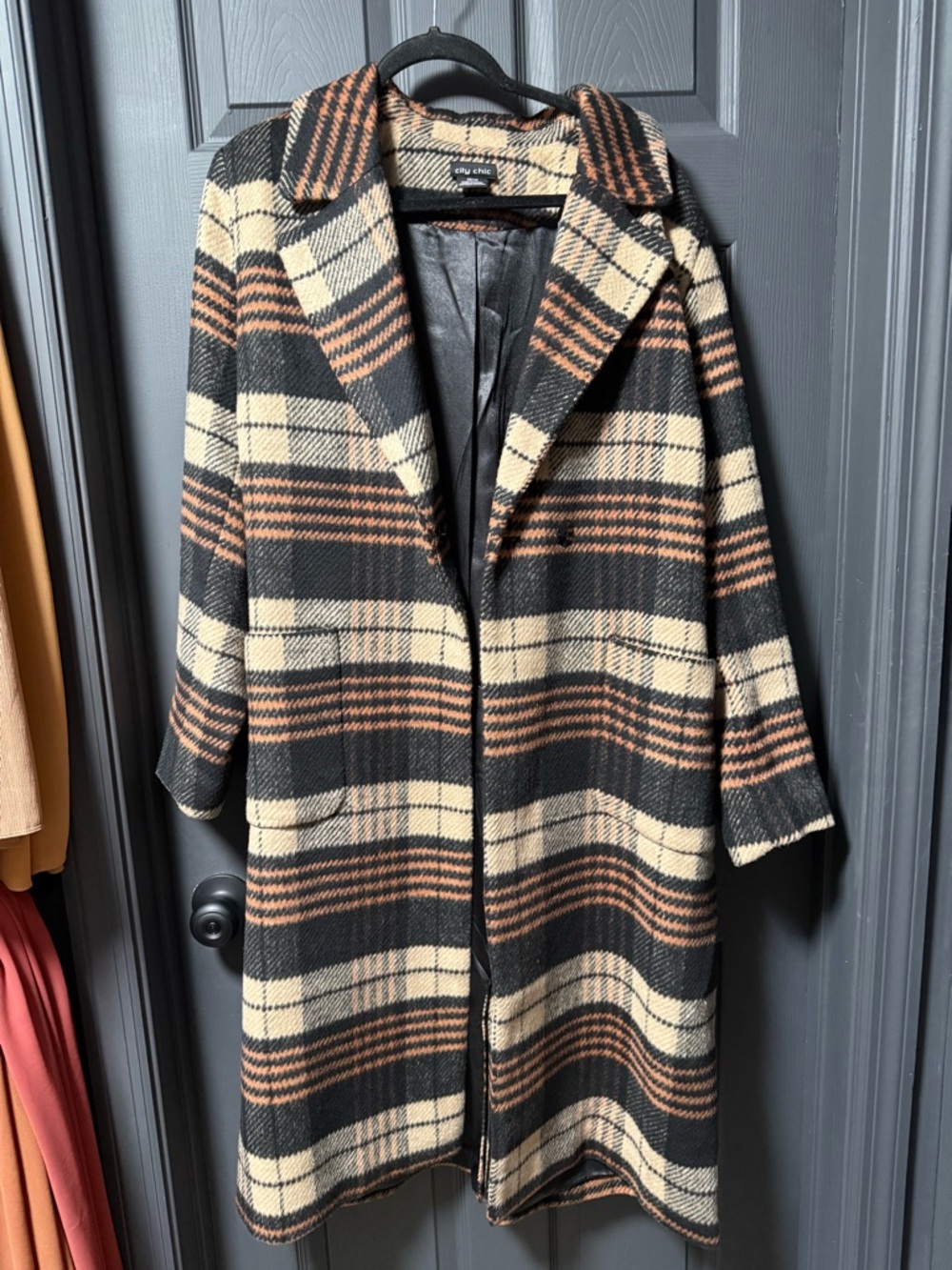 City Chic Black, Cream & Brown Plaid Long Coat